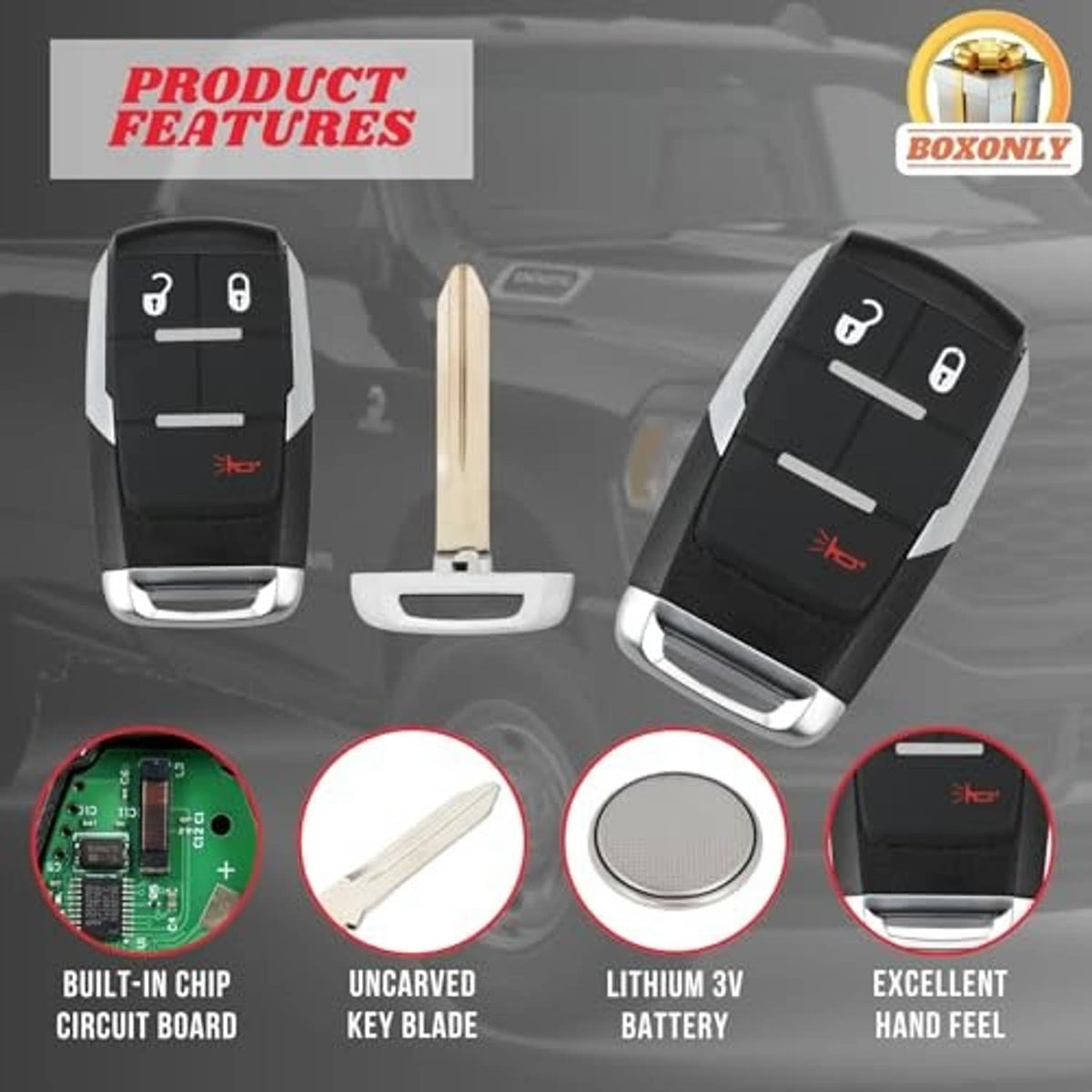 Black keyless entry remote key fob set with key blade and battery/circuit details