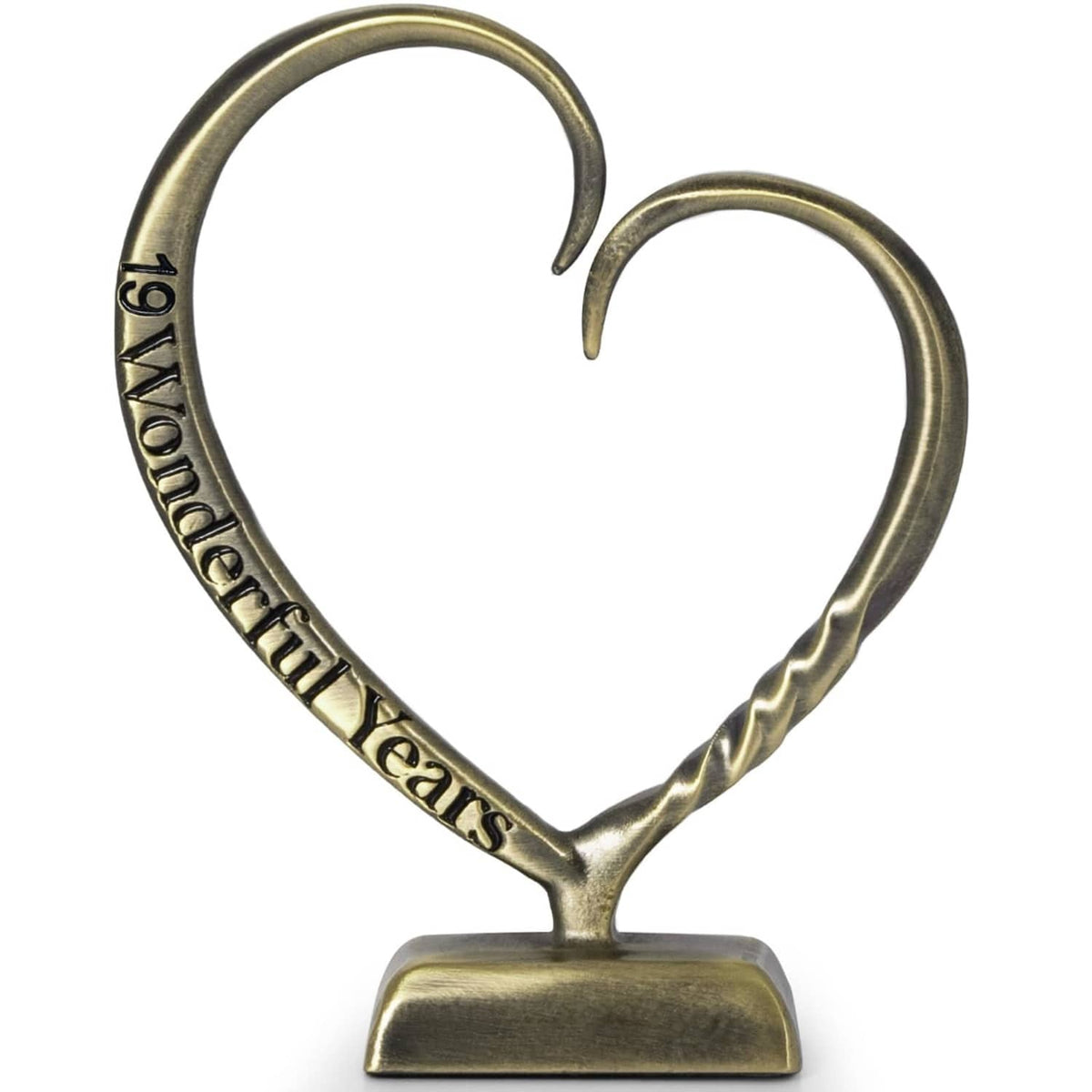 Bronze heart anniversary sculpture with engraved ribbon text and weighted base