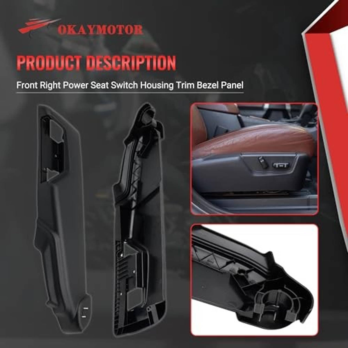 Black power seat switch trim bezel panel housing with side tabs and cutout slots