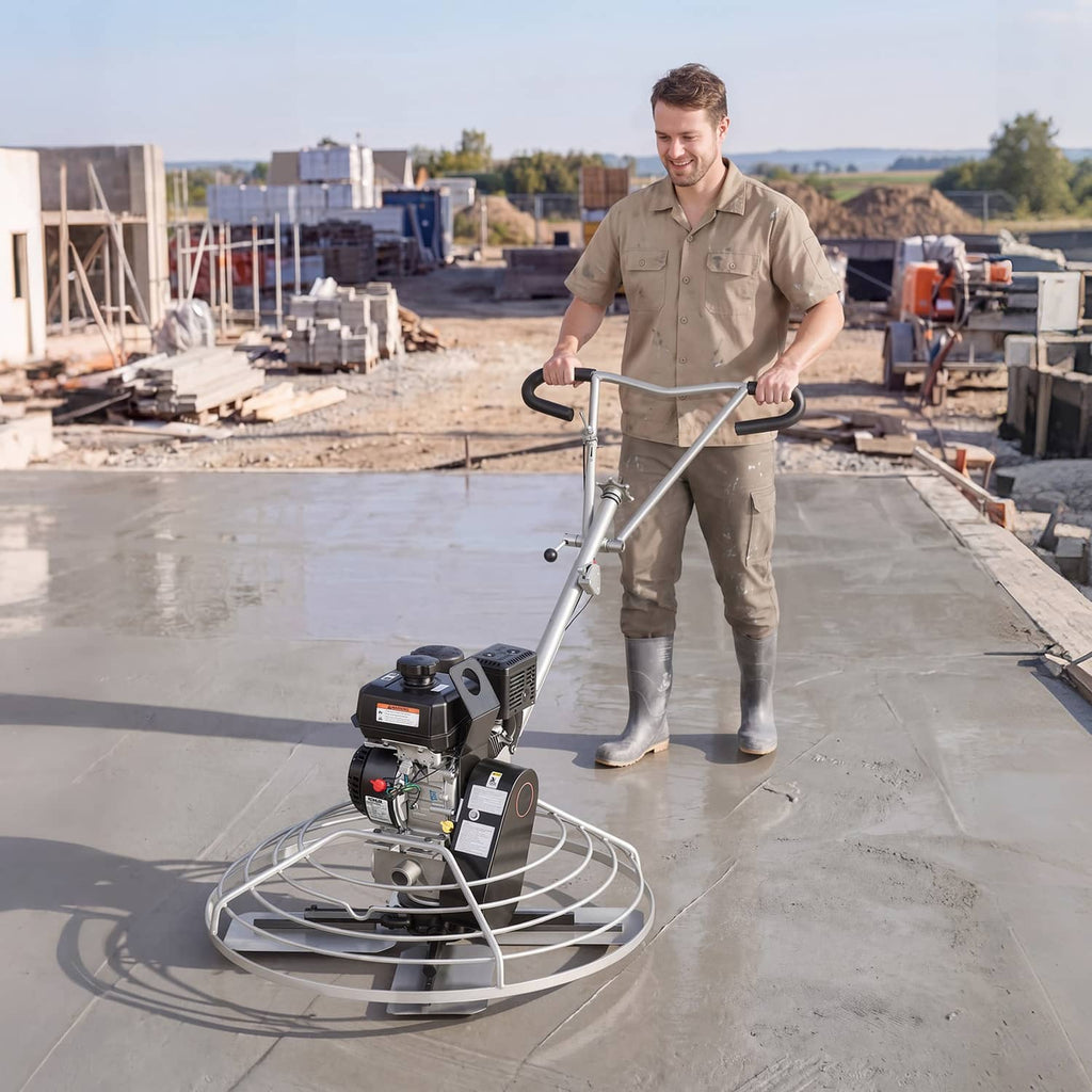 Gas concrete power trowel used on a large concrete slab with operator holding handle