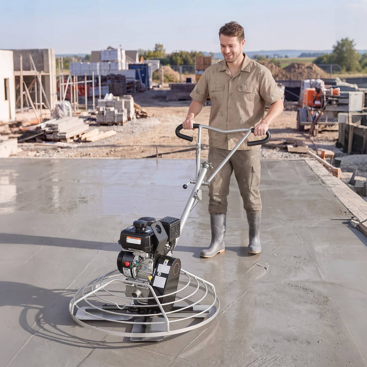 Gas concrete power trowel used on a large concrete slab with operator holding handle