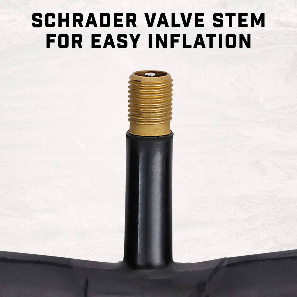 Black inner tube showing brass Schrader valve stem with threaded top