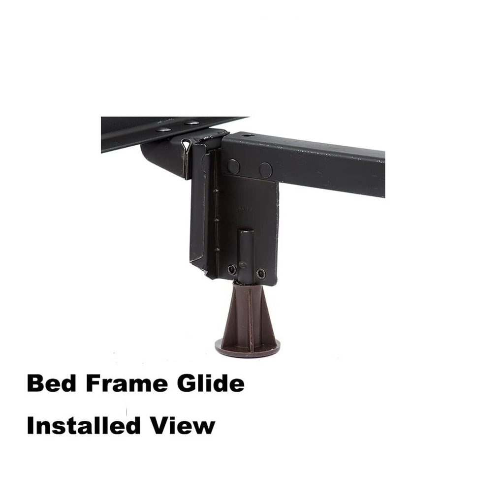 Bed frame glide installed under metal frame rail with dark brown base
