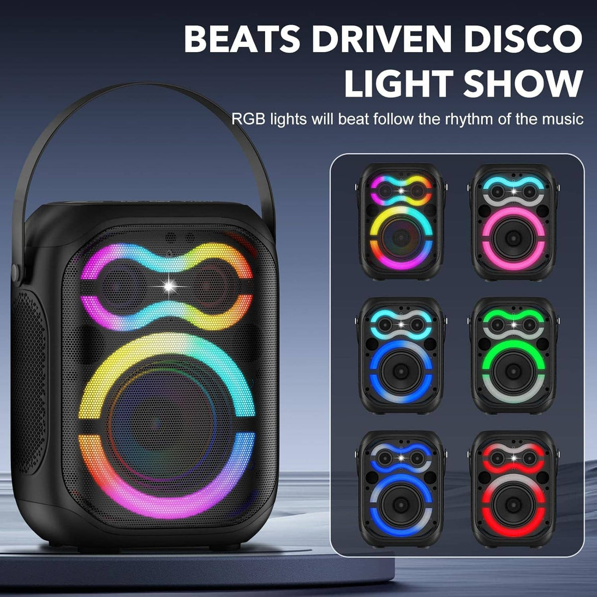 Portable Bluetooth speaker with RGB disco light display and top handle