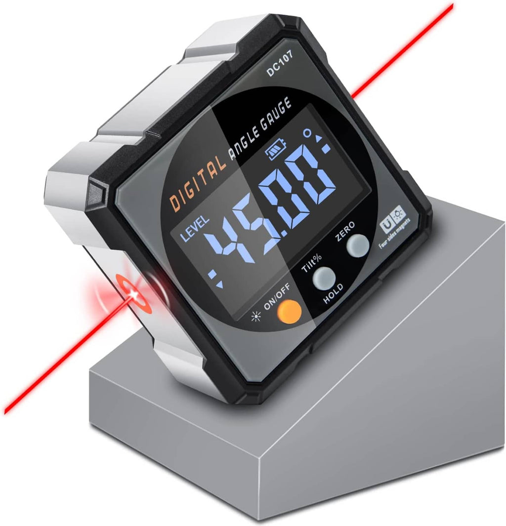 Digital angle finder gauge with electronic laser, black and silver body, bright LED angle display