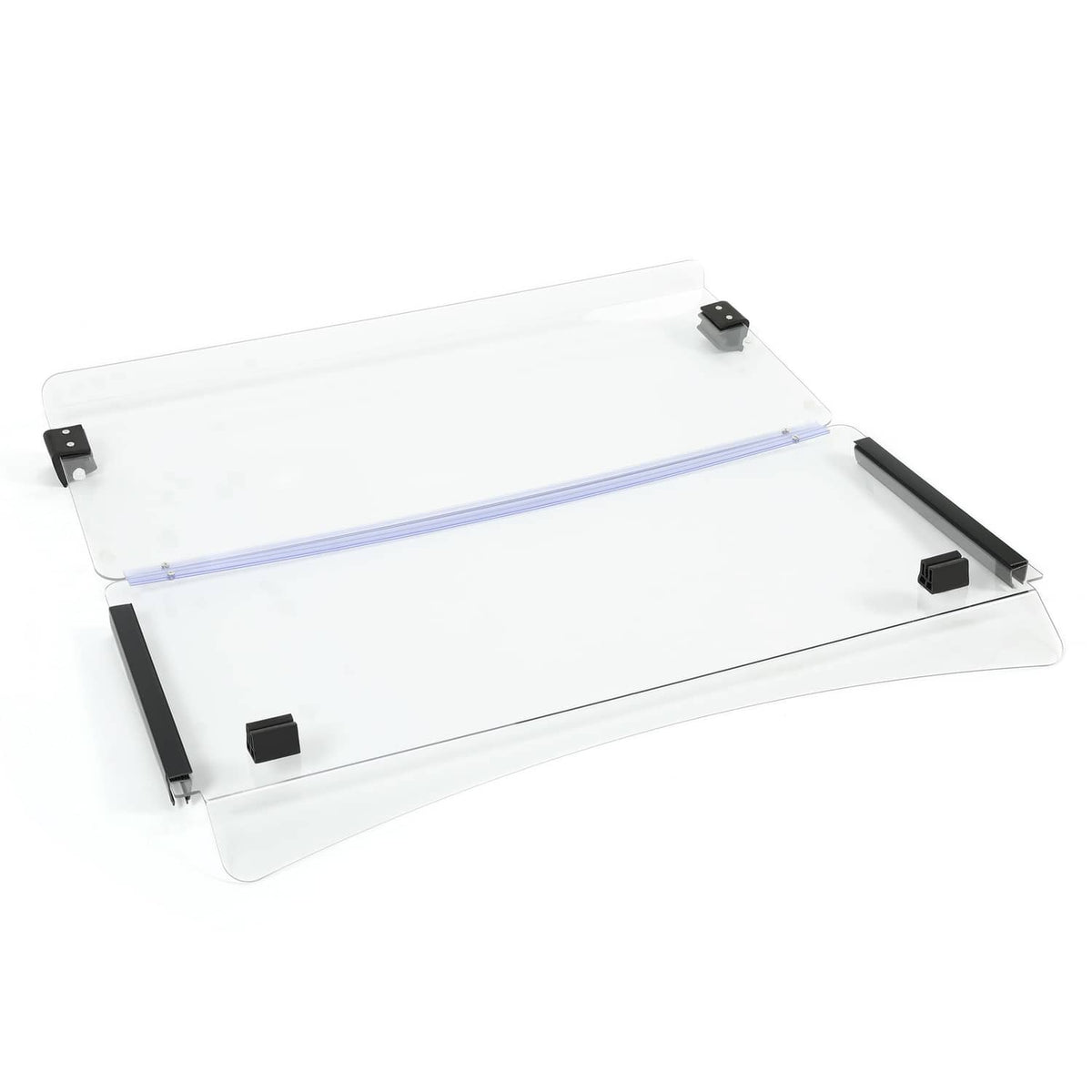 Clear folding windshield with purple frame strut bars and black corner mounts