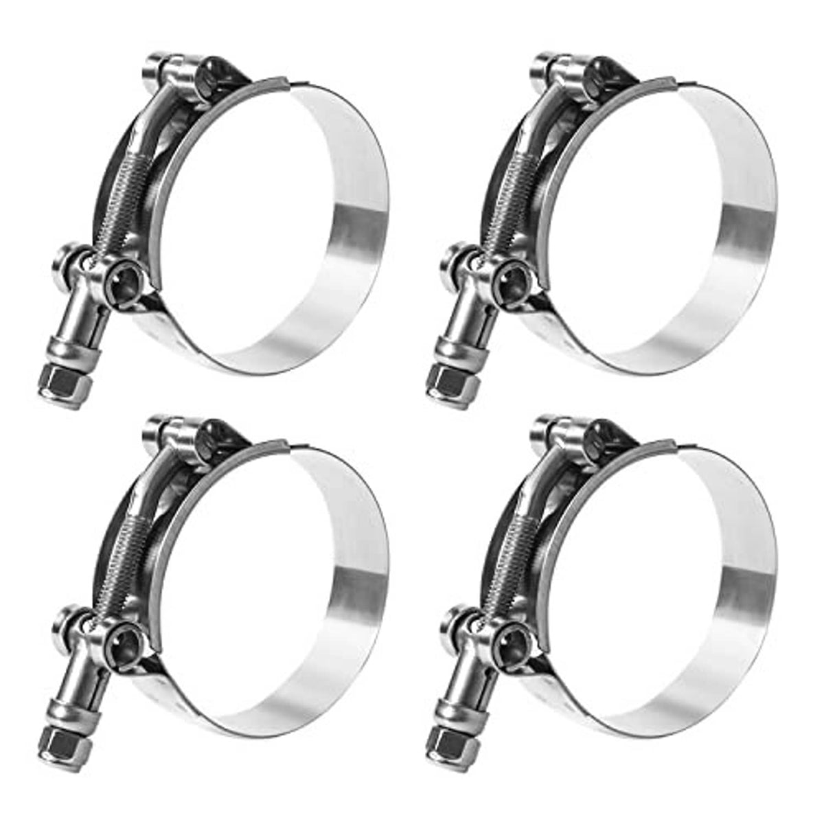 Stainless steel T-bolt hose clamp set, round band with black housing and bolt