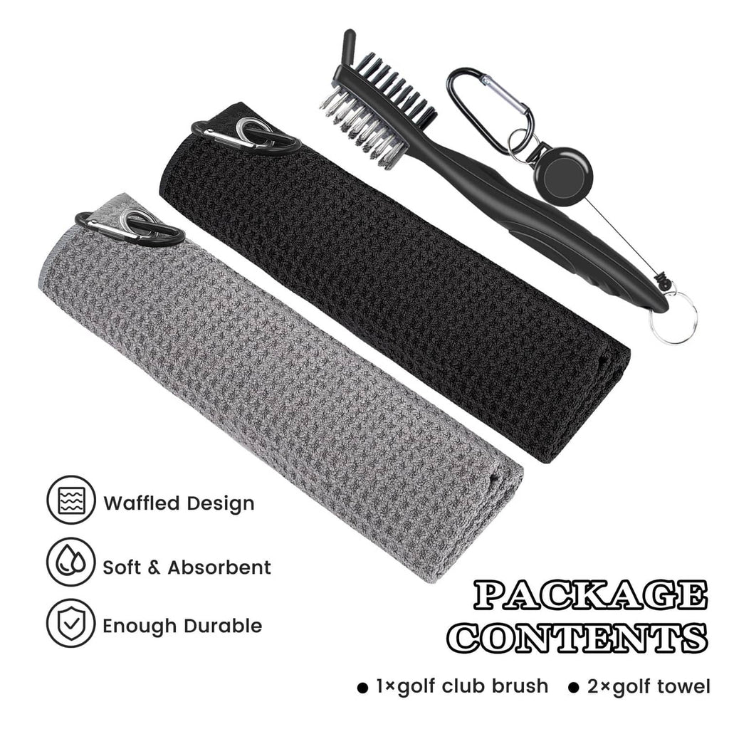 Seticek waffle golf towels (2-pack) with carabiner loop and small club brush, black/gray