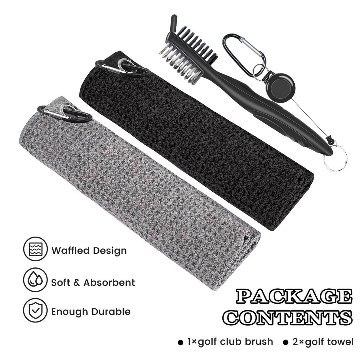 Seticek waffle golf towels (2-pack) with carabiner loop and small club brush, black/gray