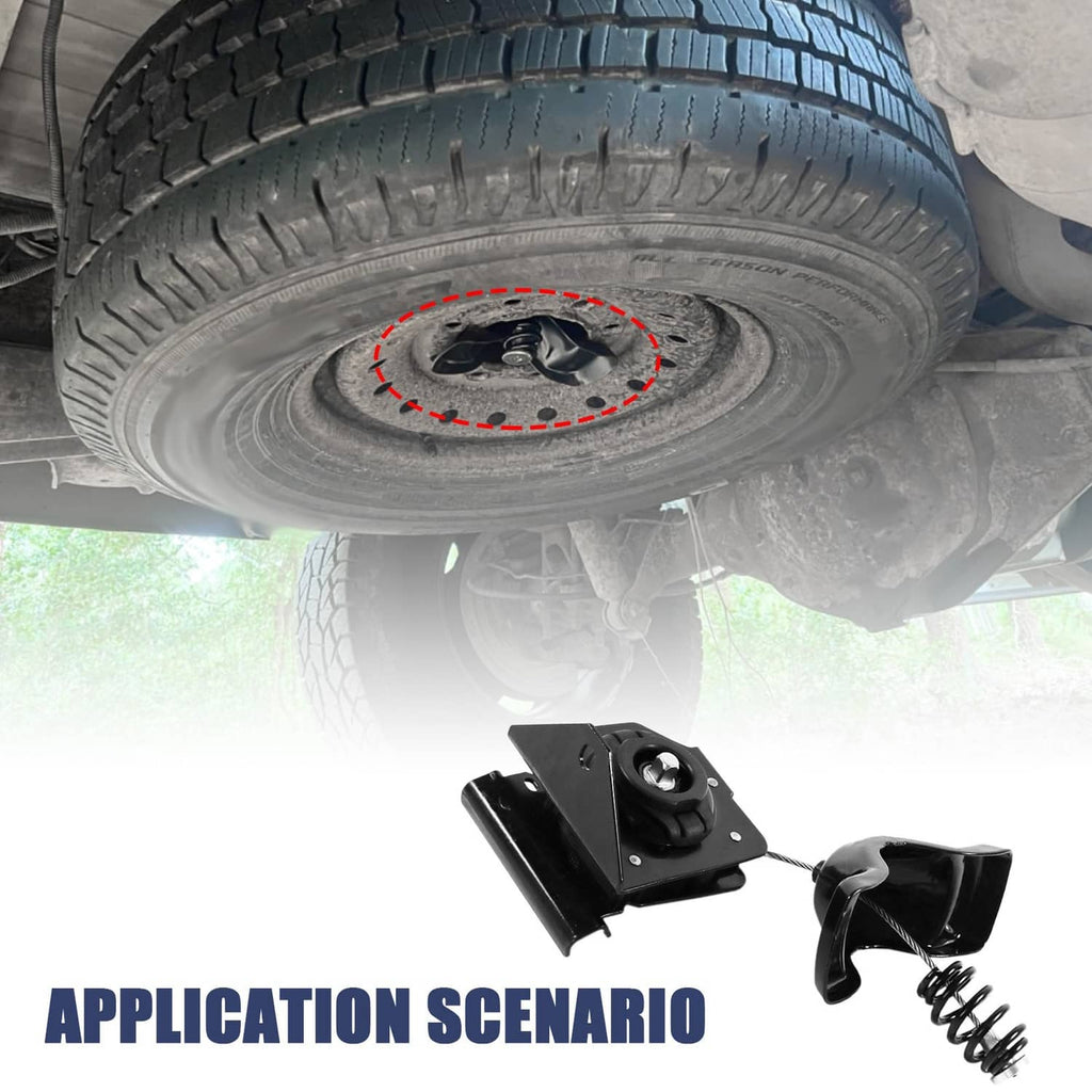Black spare tire hoist bracket and coil spring shown under the vehicle