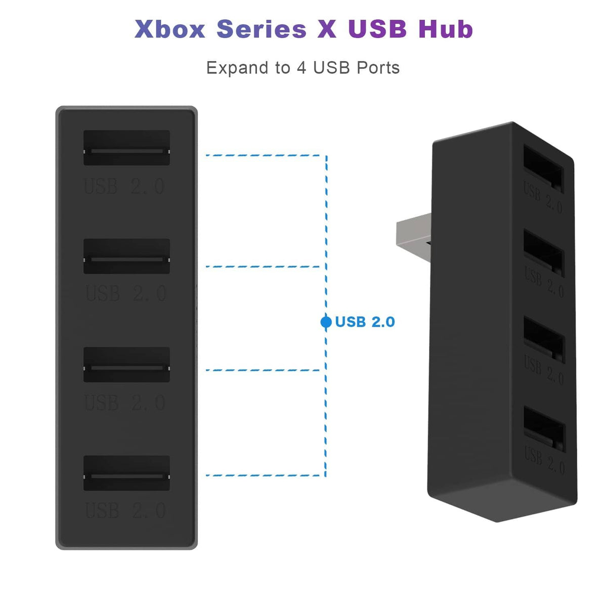 Black vertical 4-port USB 2.0 hub shown from side with three port cutouts