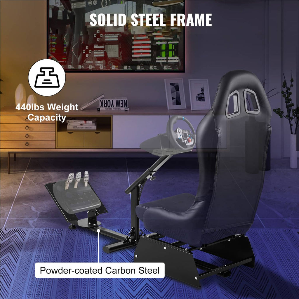 Racing simulator wheel stand with gray seat on powder-coated black steel frame