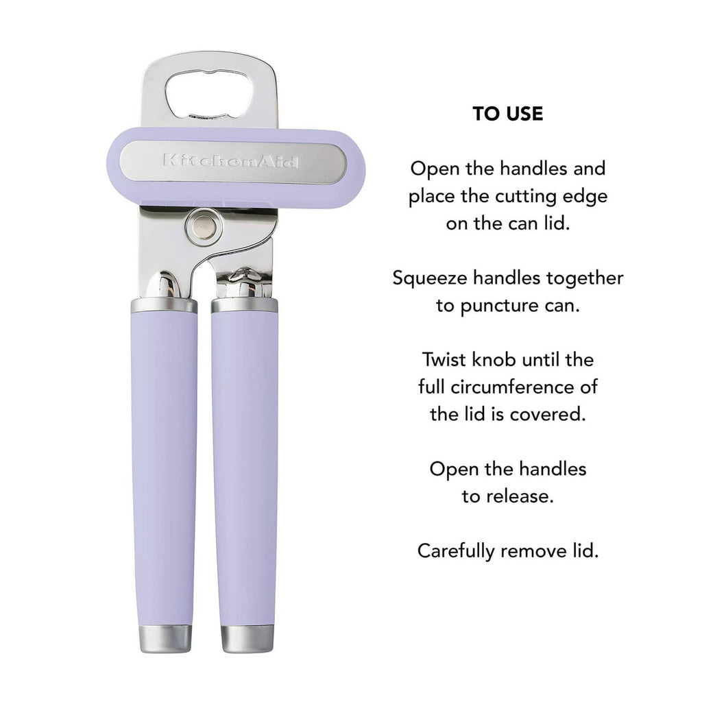 Lavender can opener with instructions showing twist knob, puncture, and lid removal steps.