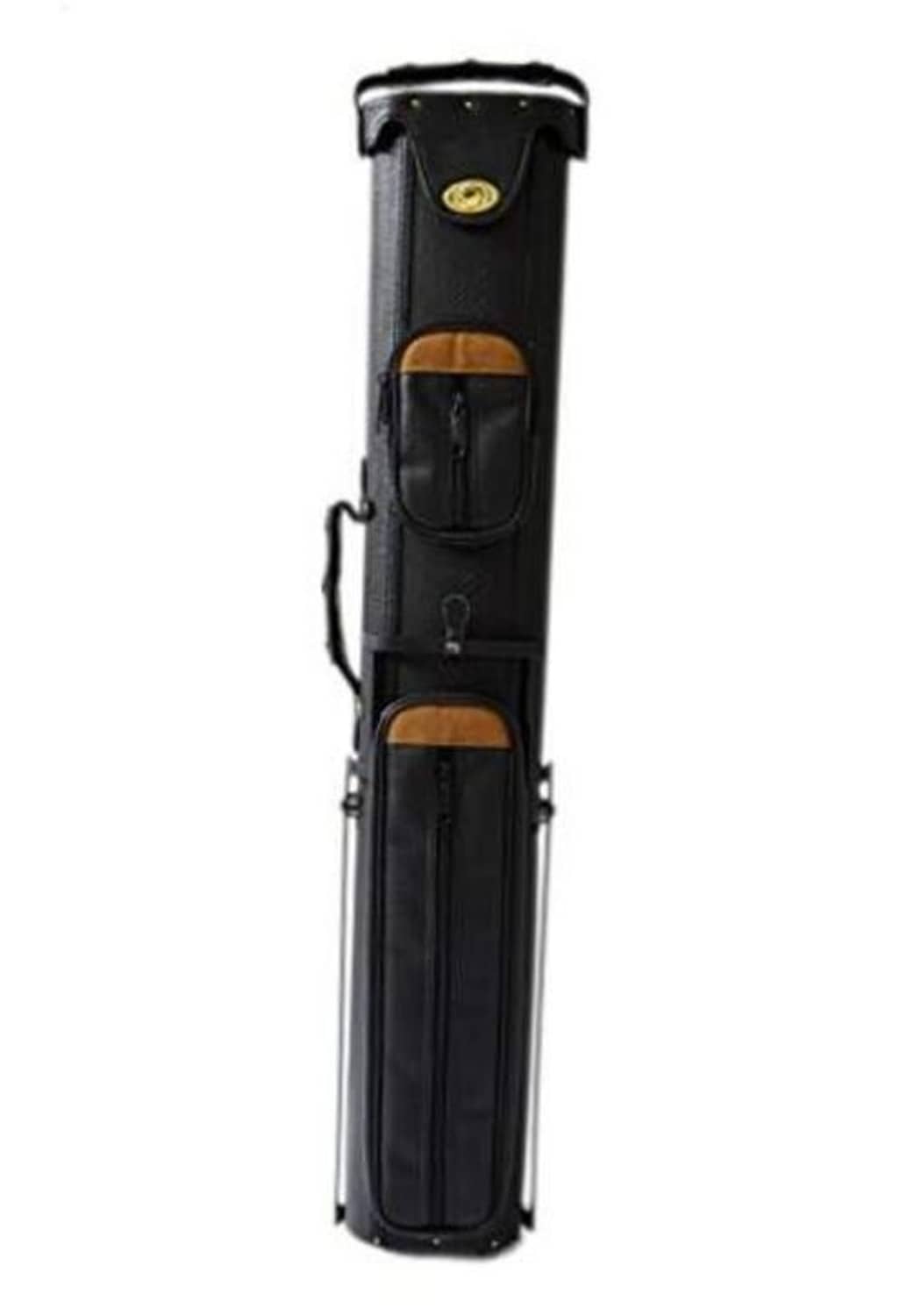 Black hard pool cue case with two interior padded pockets and side carry strap
