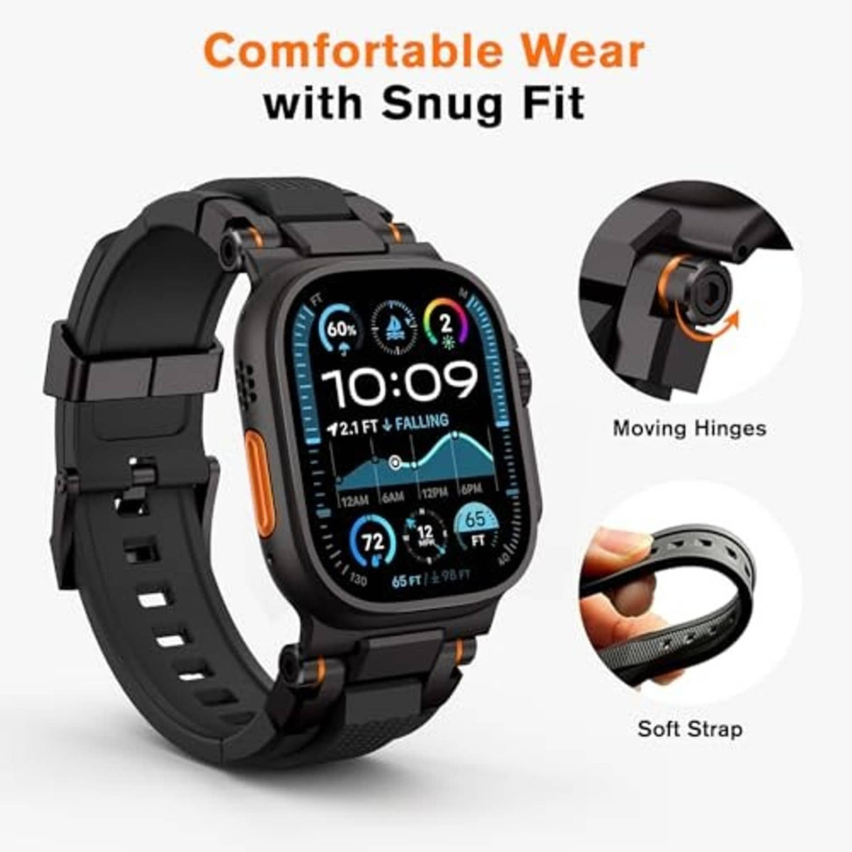 Black rugged watch band with soft strap edges and moving hinge design