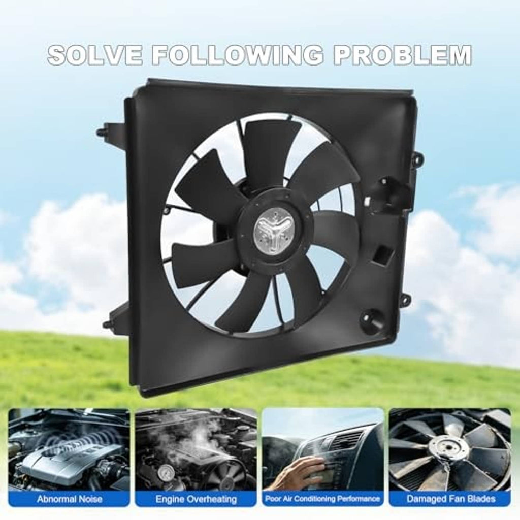 Engine radiator cooling fan assembly with black shroud and 8-blade fan, front view