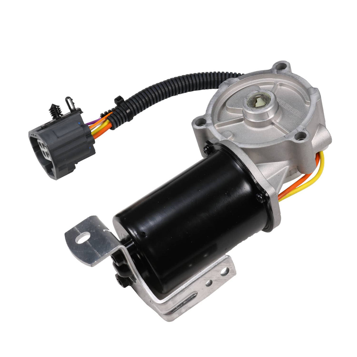 Transfer case shift motor with black actuator canister and electrical connectors