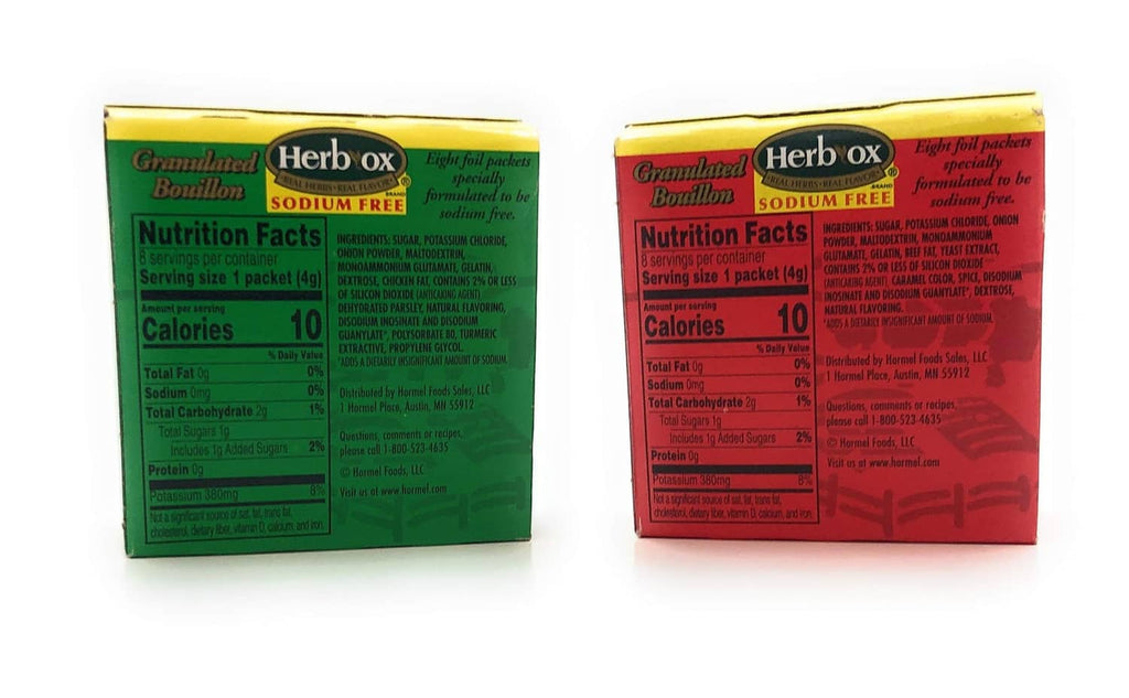Sodium-free bouillon packs back panels with nutrition facts for chicken and beef