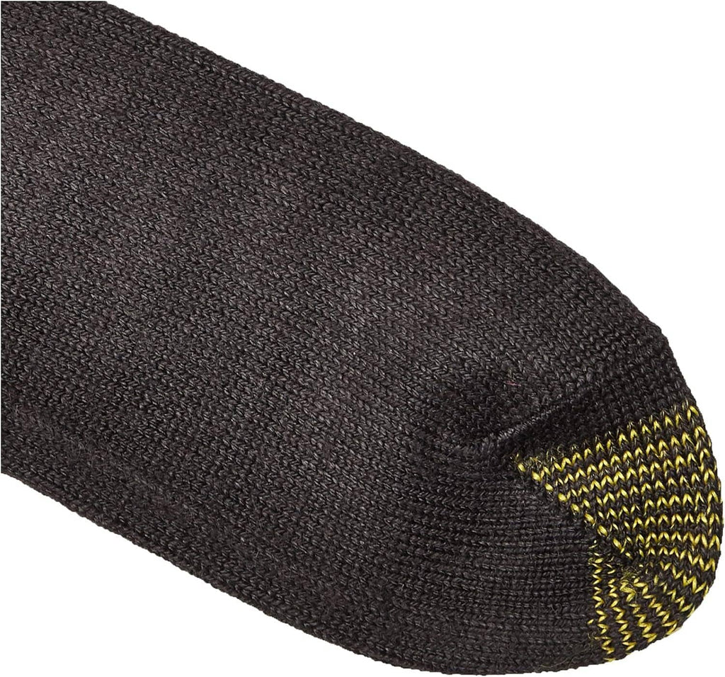 Black crew sock toe view with contrasting yellow knit detail
