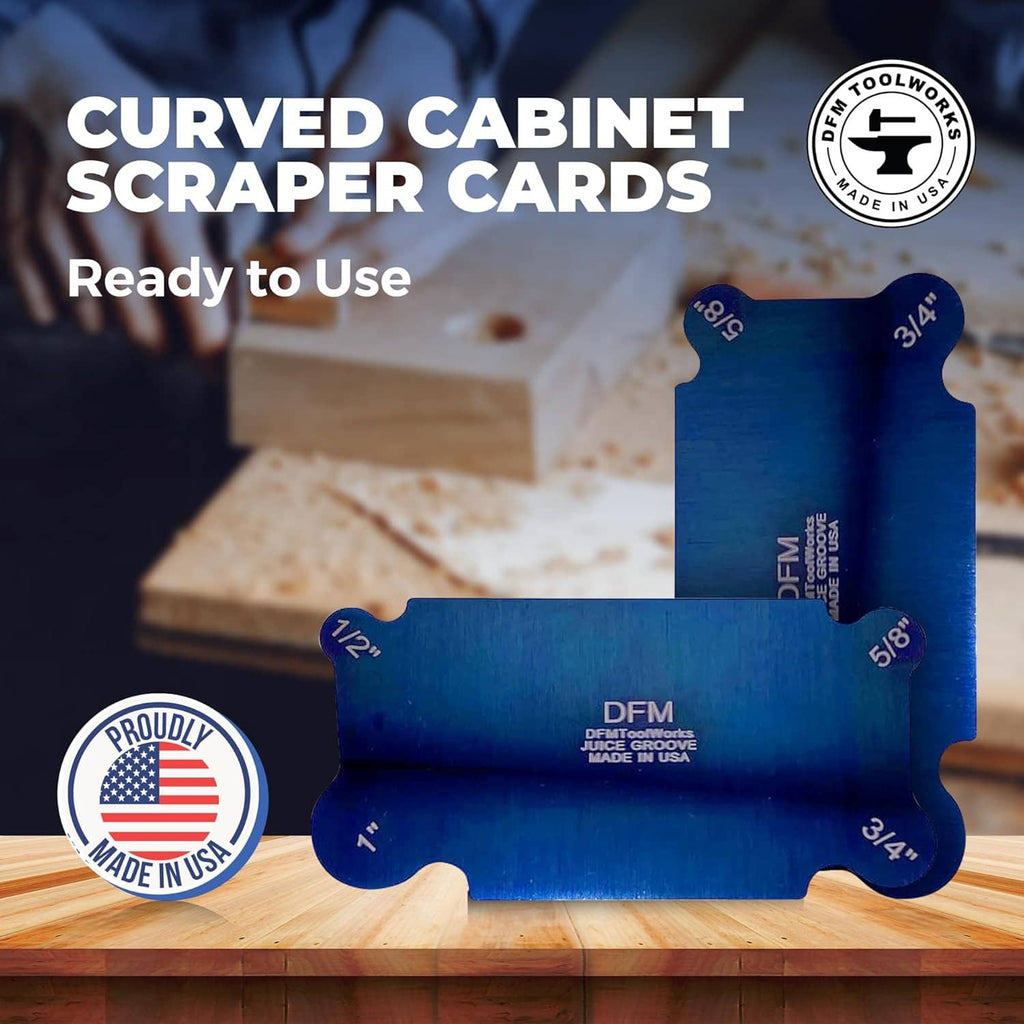 Blue curved cabinet scraper card showing 1/2, 3/4, and 5/8 measurements