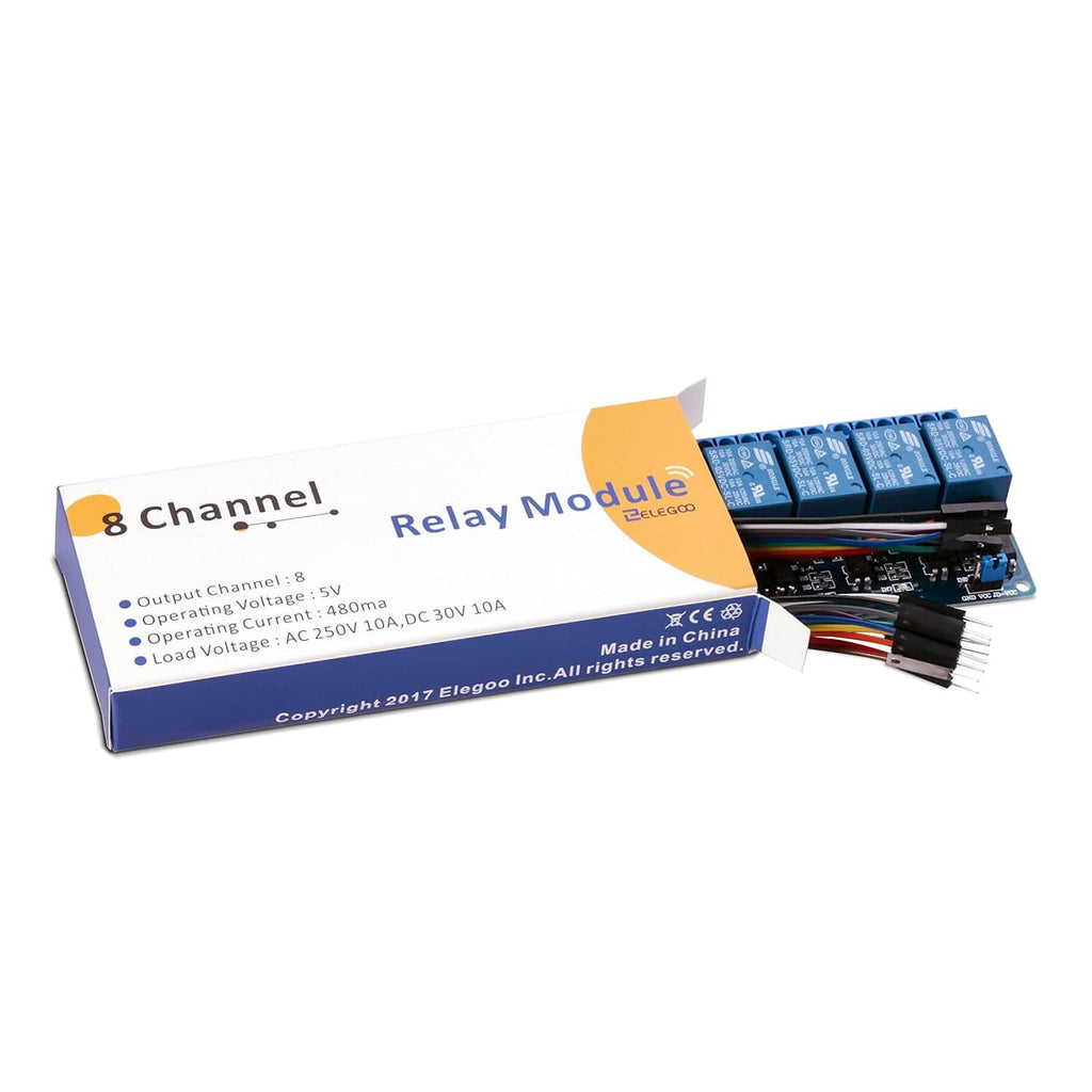 Retail box for 8-channel relay module with side text and a barcode sticker