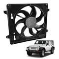 Engine cooling radiator fan assembly with black fan and mounting shroud