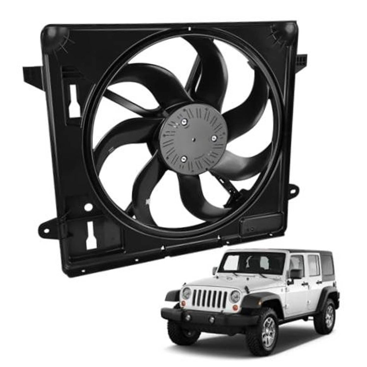 Engine cooling radiator fan assembly with black fan and mounting shroud