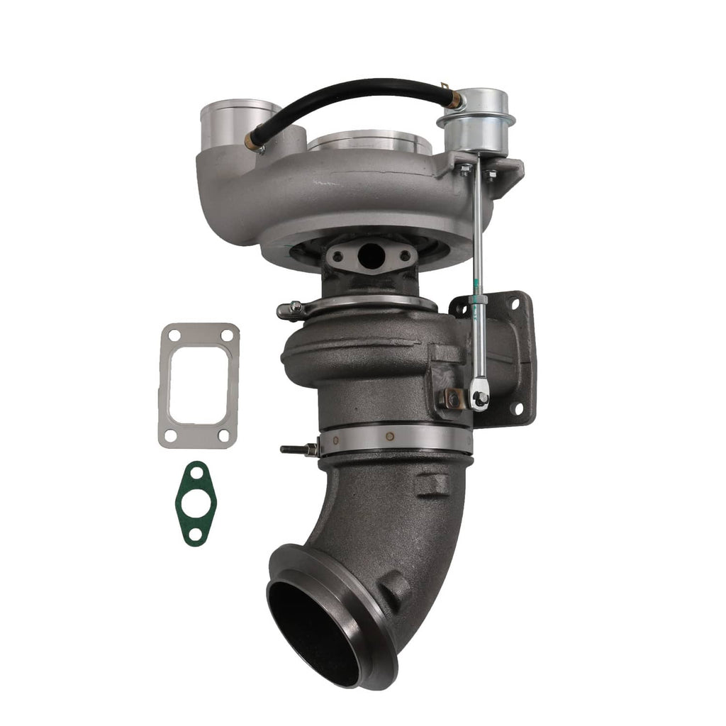 Turbocharger assembly with black turbine housing and large exhaust outlet flange