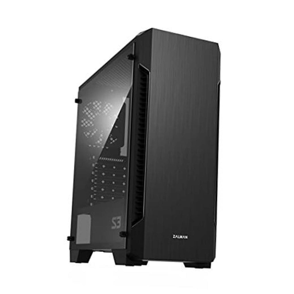Black computer PC case with side mesh panel and acrylic window, tower design