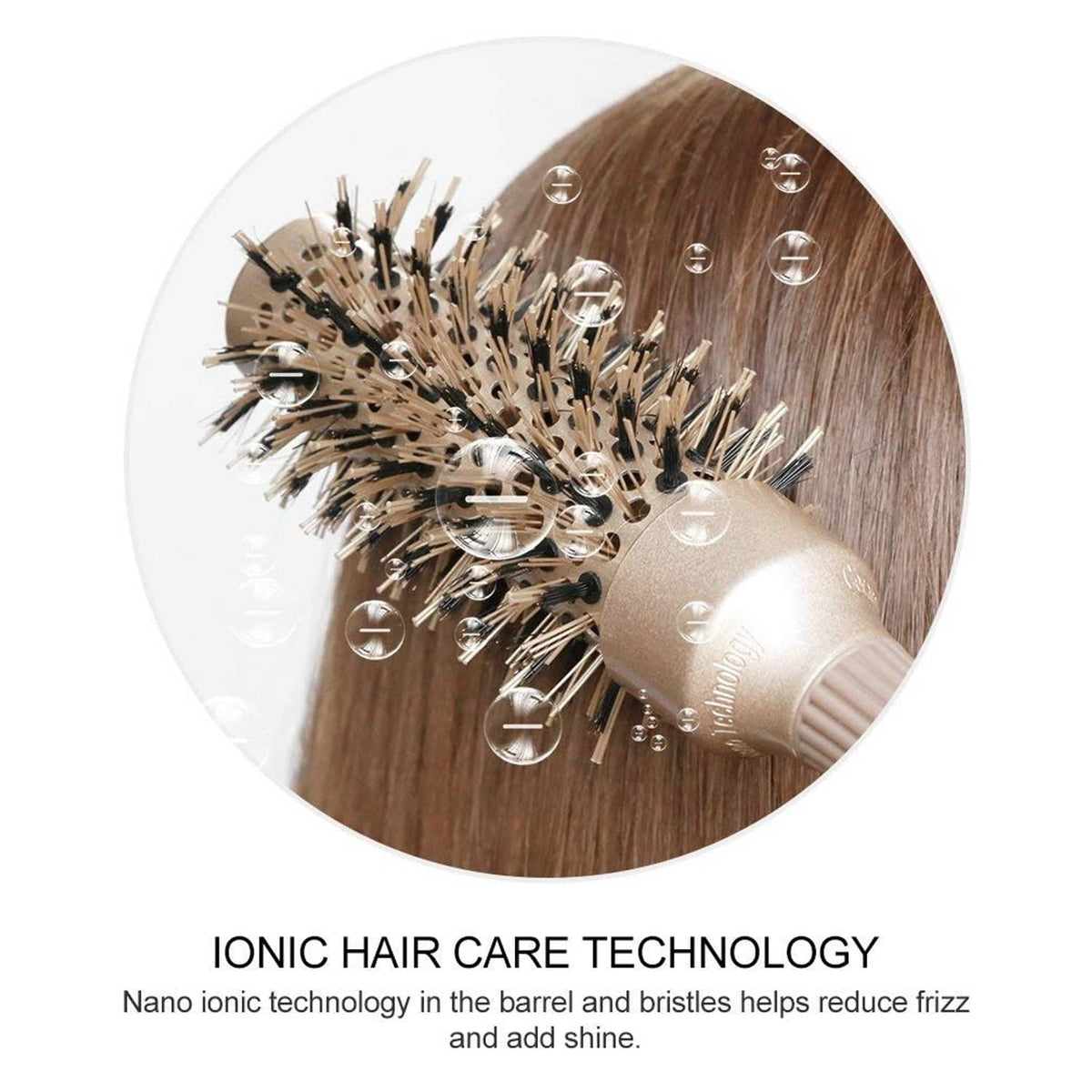 Gold round-barrel hair brush brushing brown hair with vented bristle barrel