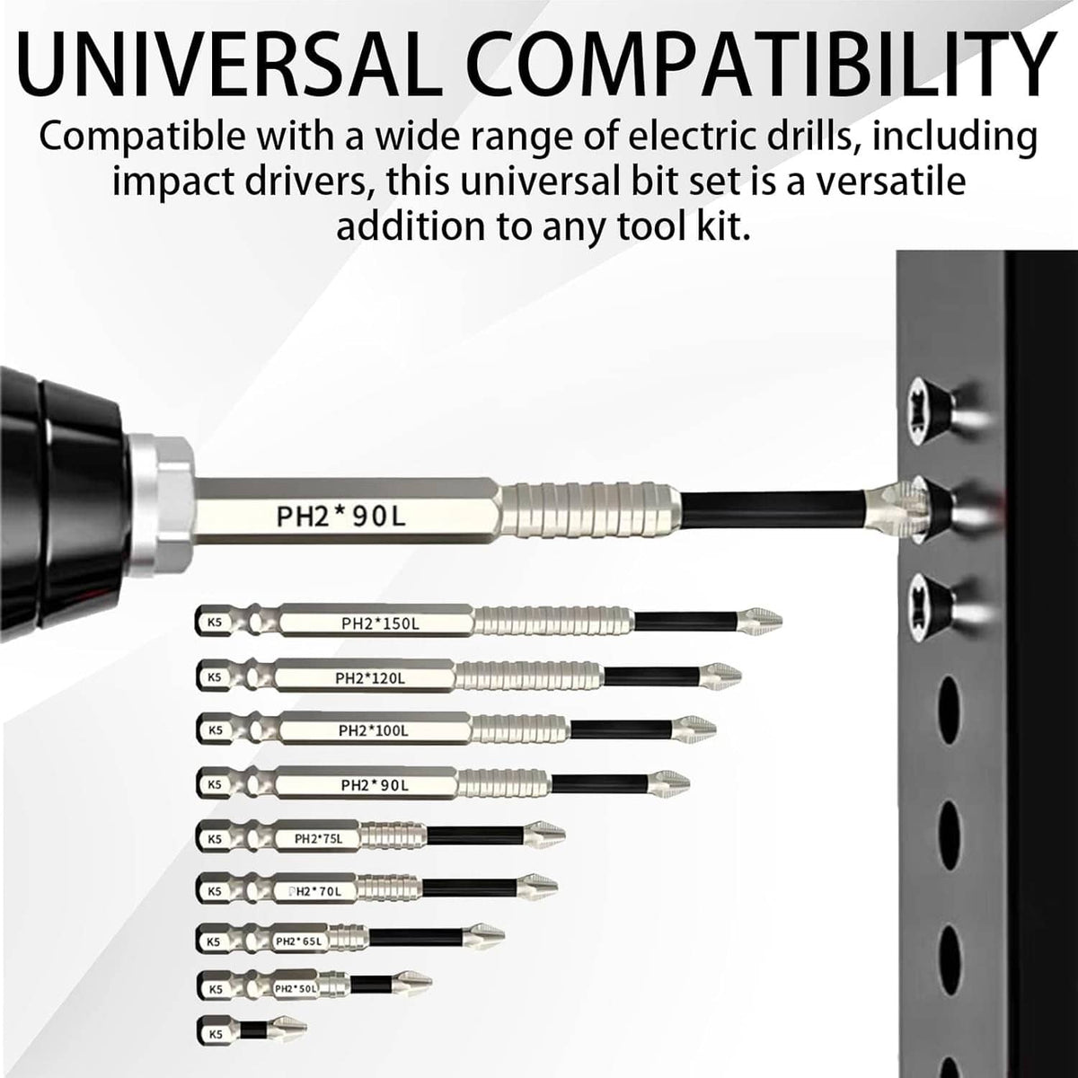 Magnetic screwdriver bit set display with black shafts and silver PH2 ribbed tips
