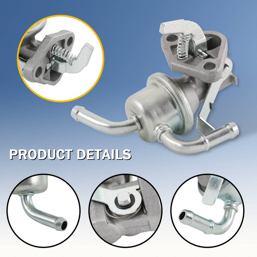 Fuel lift pump with metal body and pipes; close-ups of mounting and spring arm