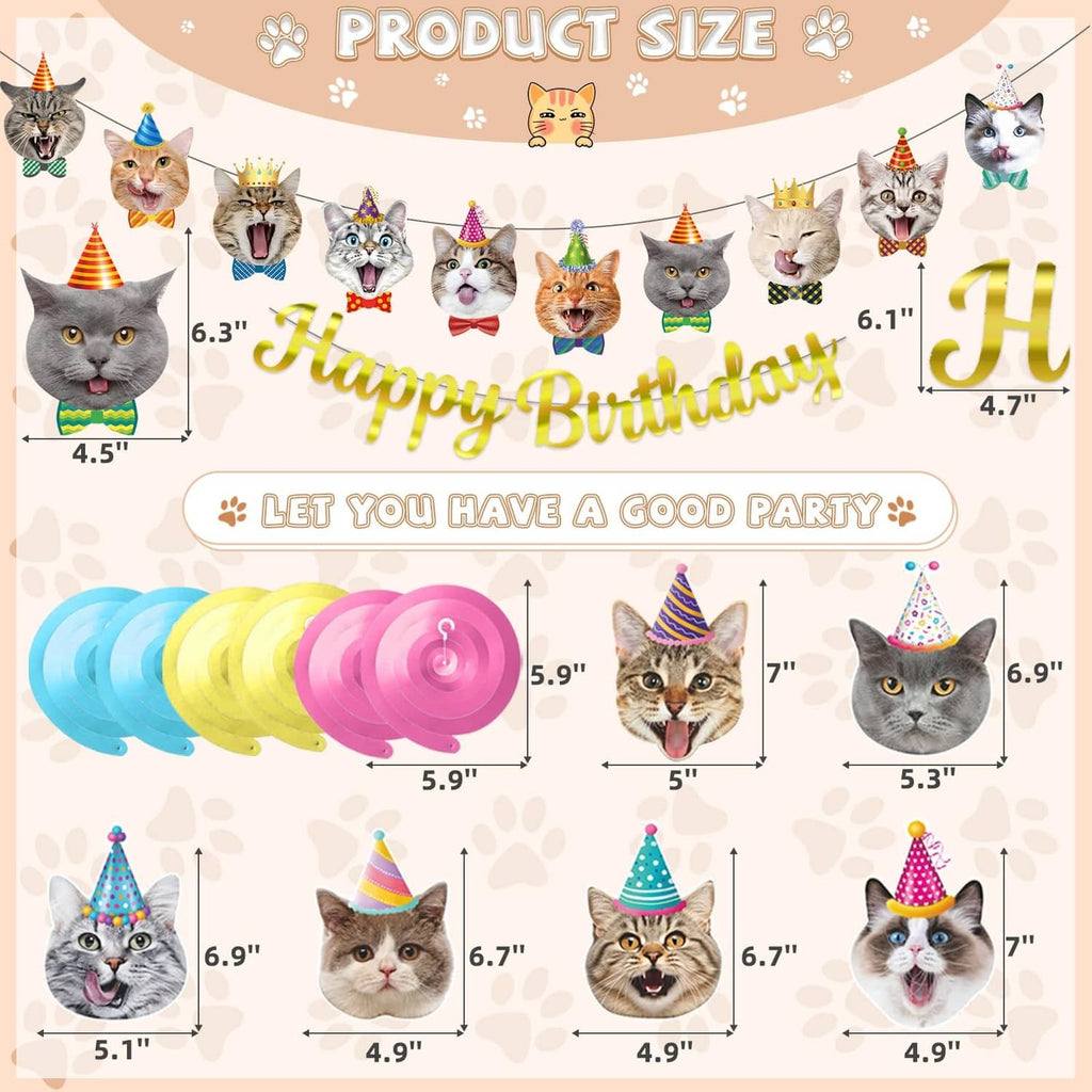 Cat birthday banner size diagram with hanging swirls and cat face cutouts, inches