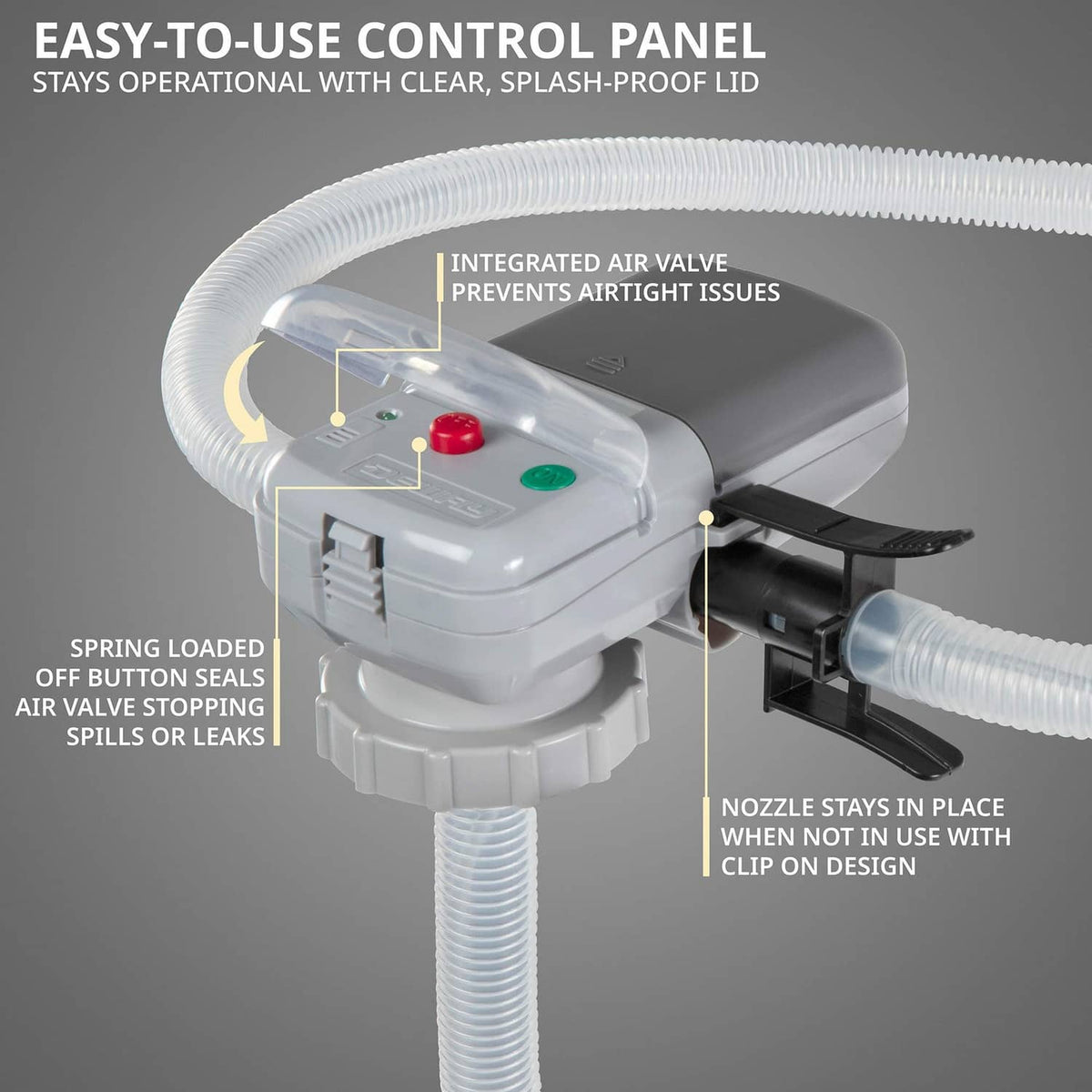 Fuel transfer pump control panel with splash-proof lid and integrated air valve