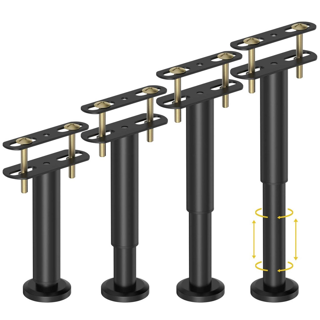 Adjustable black bed support leg set with metal mounting plates and gold pins