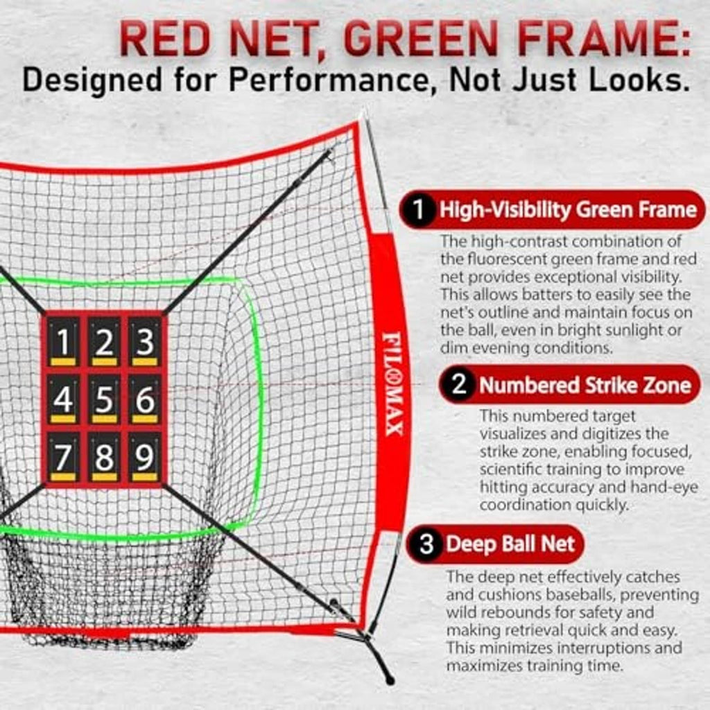 Baseball practice net with red side frame, numbered strike zone and deep ball net