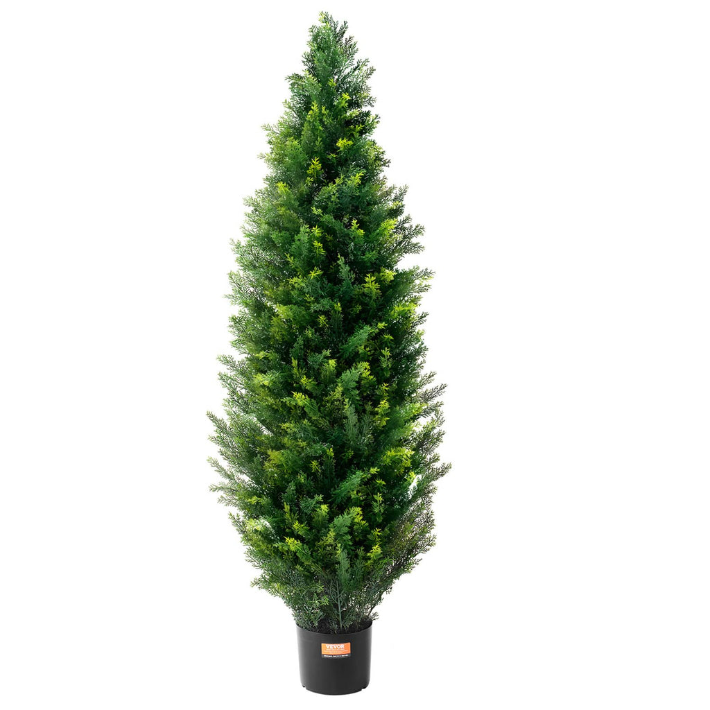 Artificial cedar topiary tree with dense green foliage in a black plastic pot