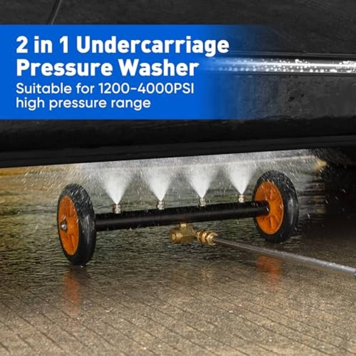 Undercarriage pressure washer wand under a vehicle frame with orange wheel nozzles