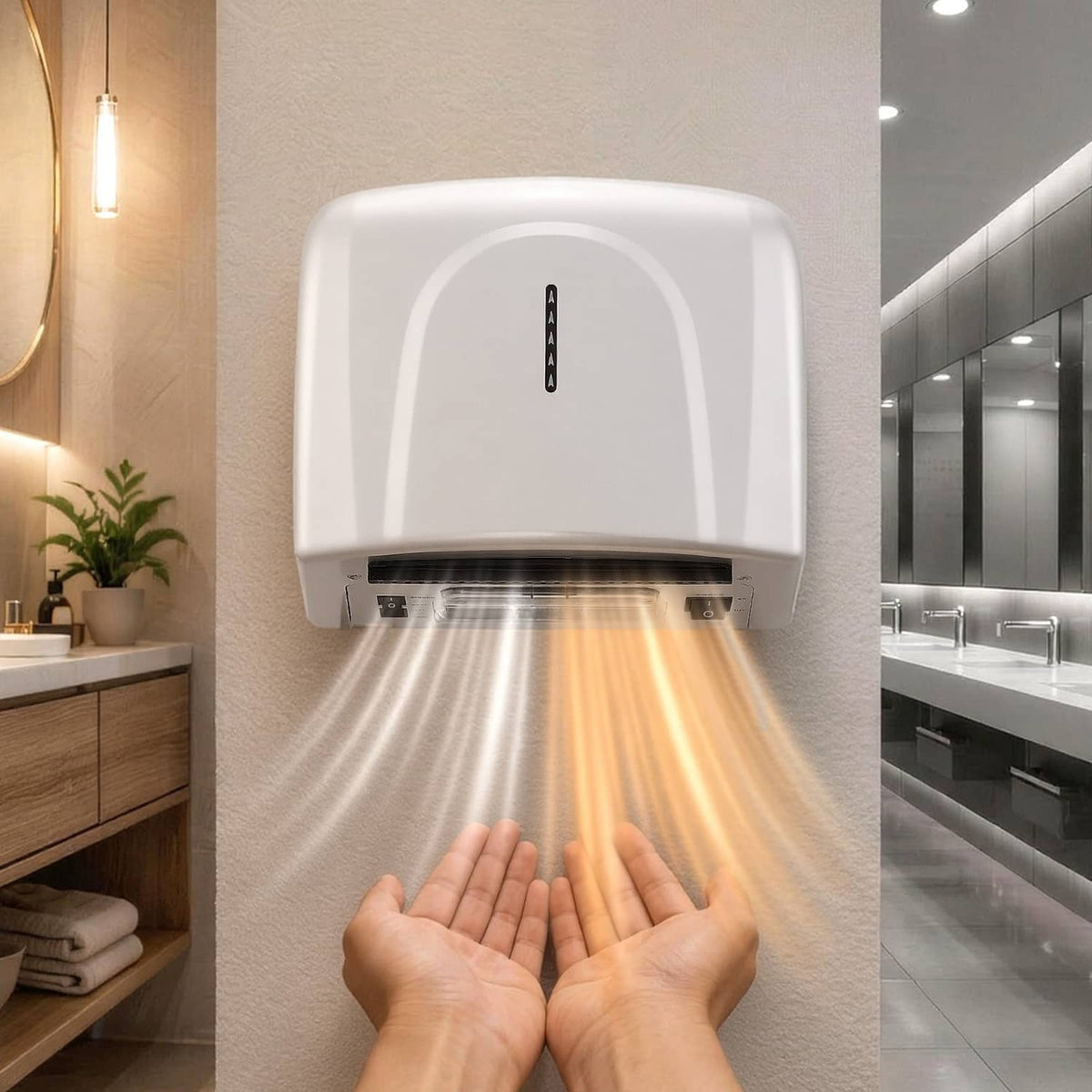 Automatic hand dryer releasing airflow toward hands, wall-mounted in a bathroom