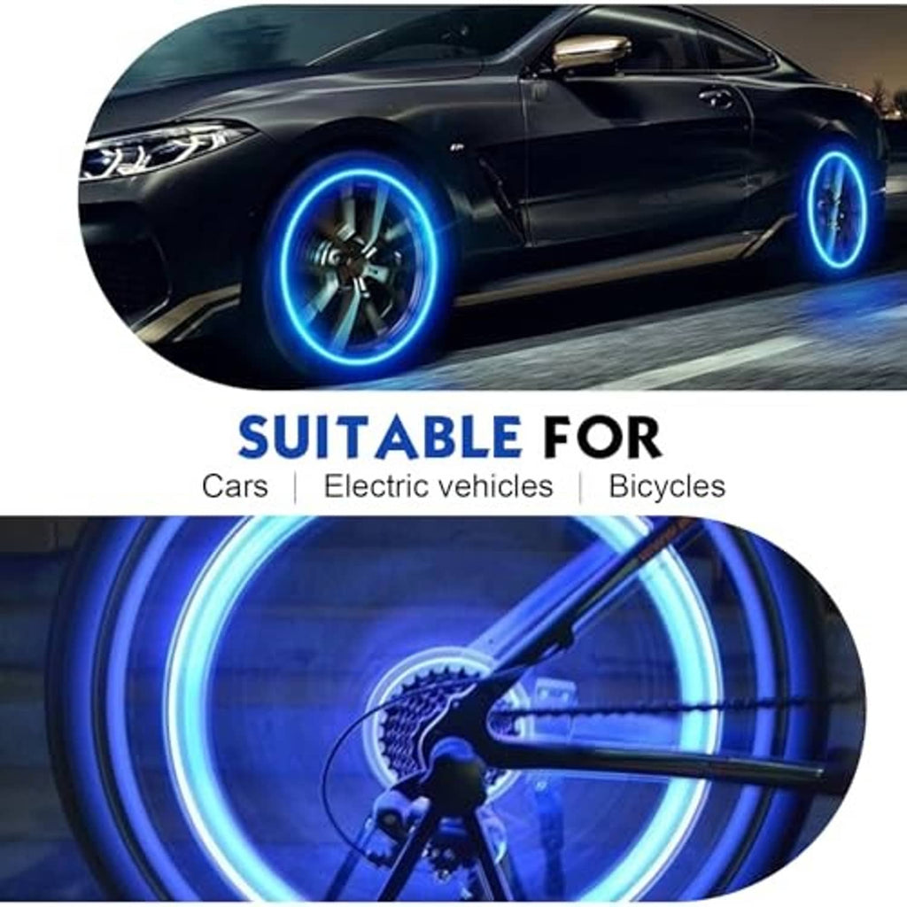 Blue-lit LED valve stem caps on a wheel, bright ring glow around the valve