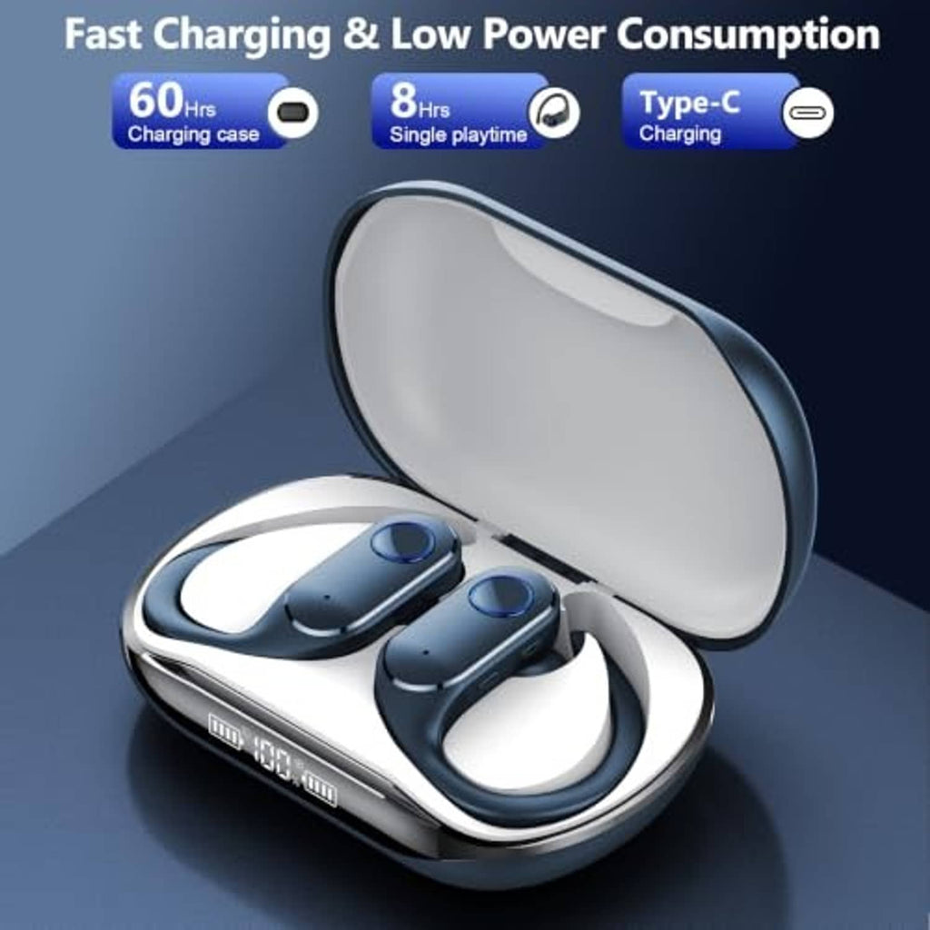 Dark blue wireless earbuds with open charging case and closed case lid