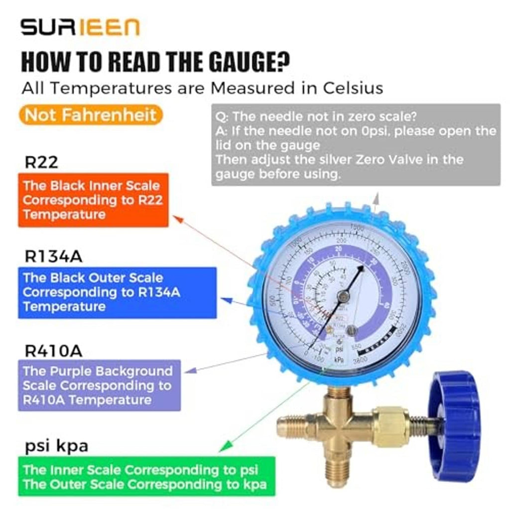 Refrigerant gauge with purple and blue scales for R410A, R134A and R22