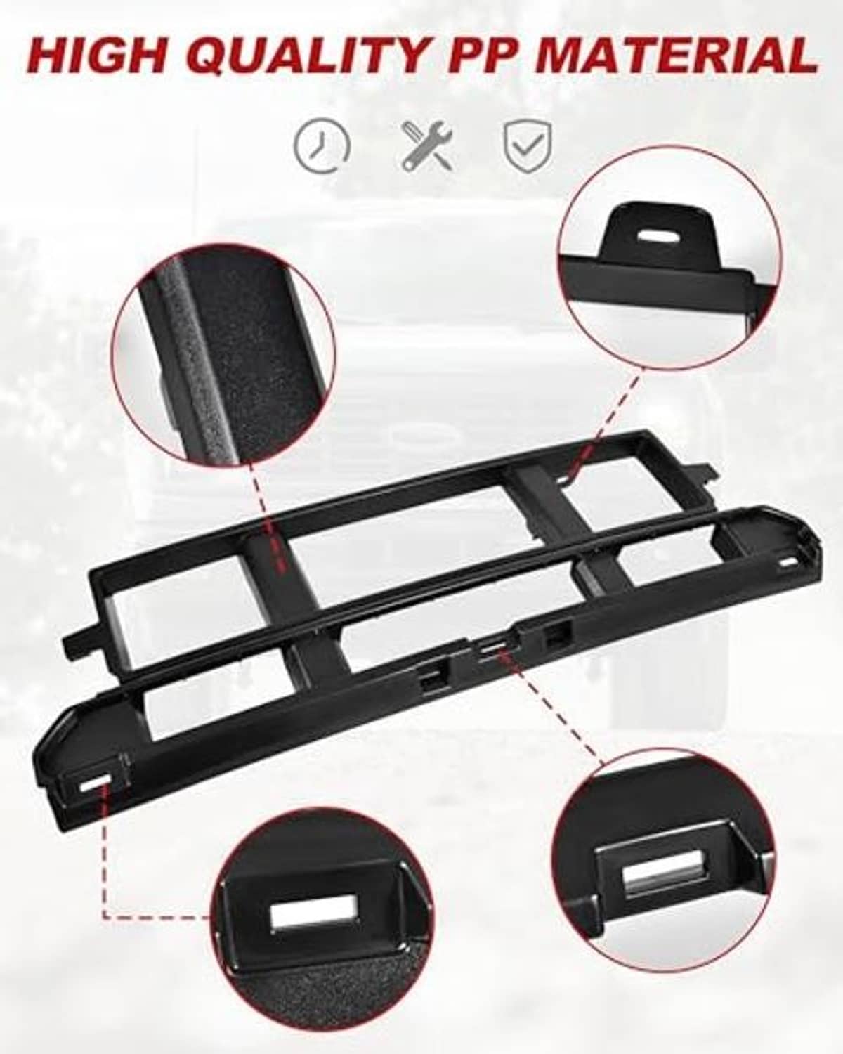 Black PP material grille with mounting brackets and rectangular cutouts