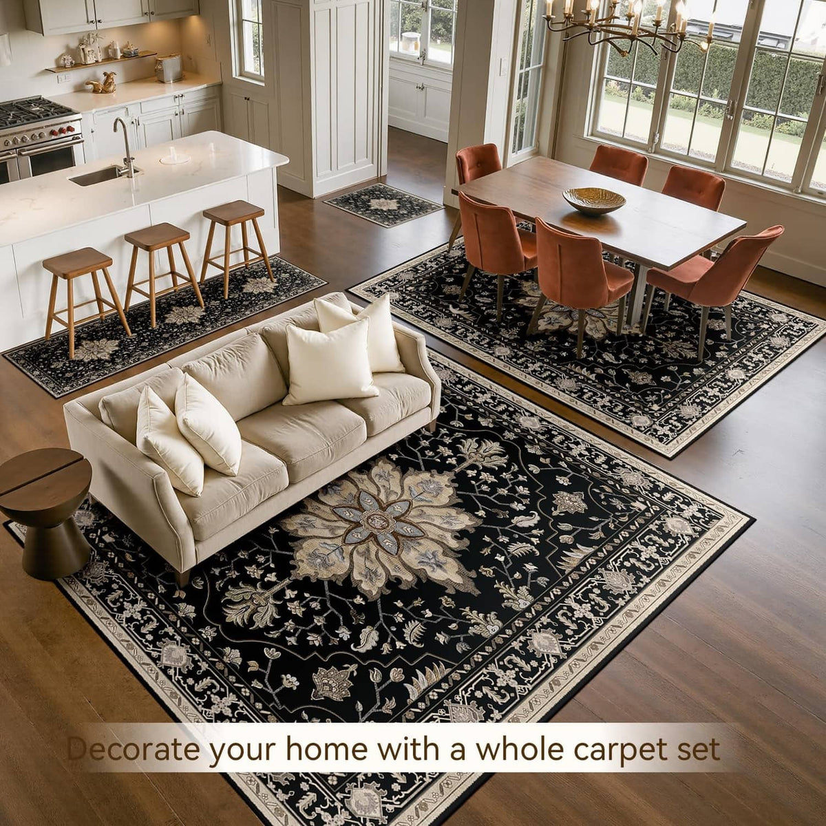 Washable area rug, rectangular black with beige ornamental scrolling pattern in room