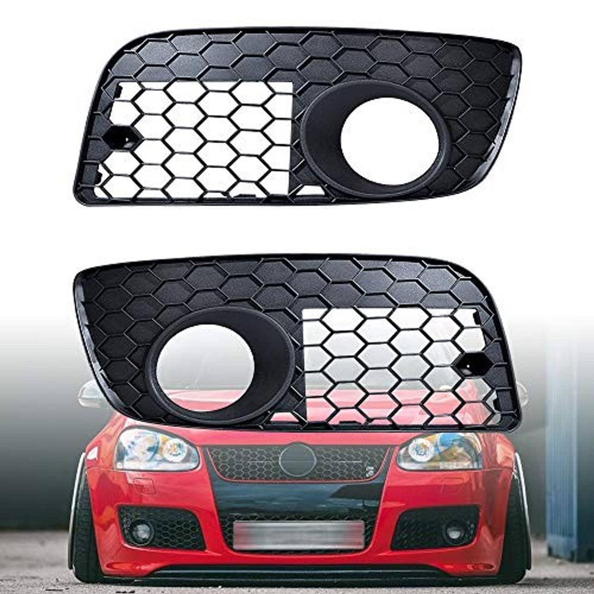Matte black fog light grille covers installed on front bumper, honeycomb mesh and round openings