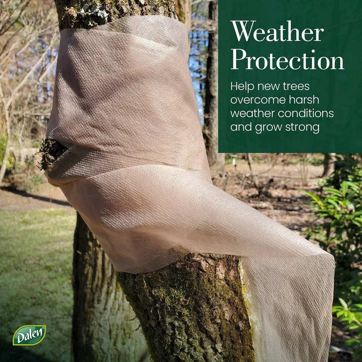 Brown mesh tree wrap sleeve covering a tree trunk for weather protection