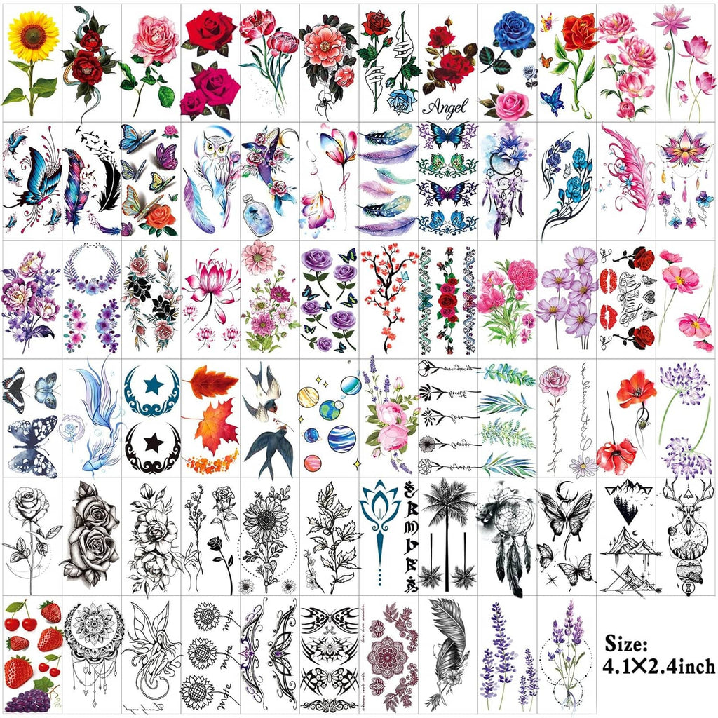 Temporary tattoo sticker sheet with mixed floral and butterfly designs, including outline styles
