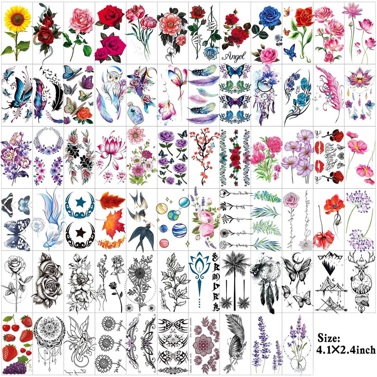 Temporary tattoo sticker sheet with mixed floral and butterfly designs, including outline styles