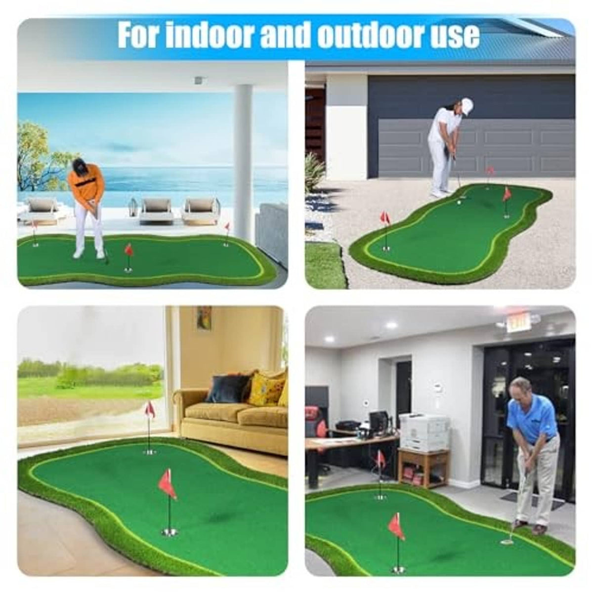 Green indoor outdoor putting mat with holes and red flags on a wooden floor