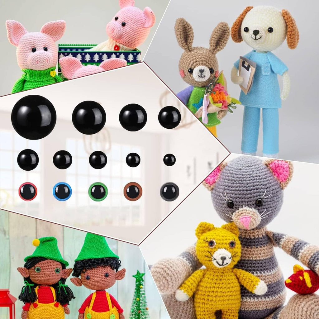 Crochet safety eyes shown on stuffed animals: pink pig, dog, and teddy with inserted eyes